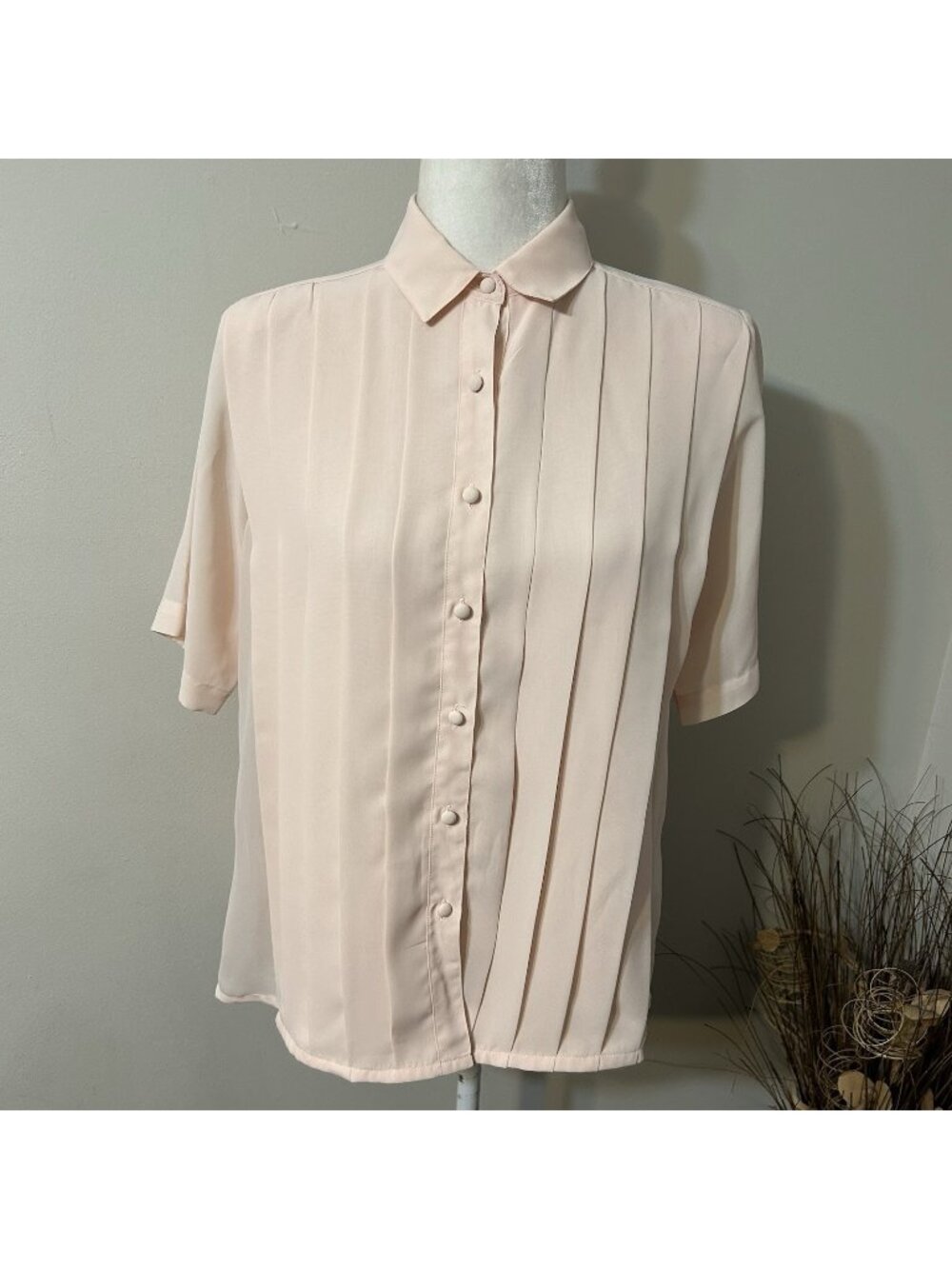 Vtg La Blouse Button Up Shirt Top Semi Sheer Pleated Front Short Sleeve Pink 10